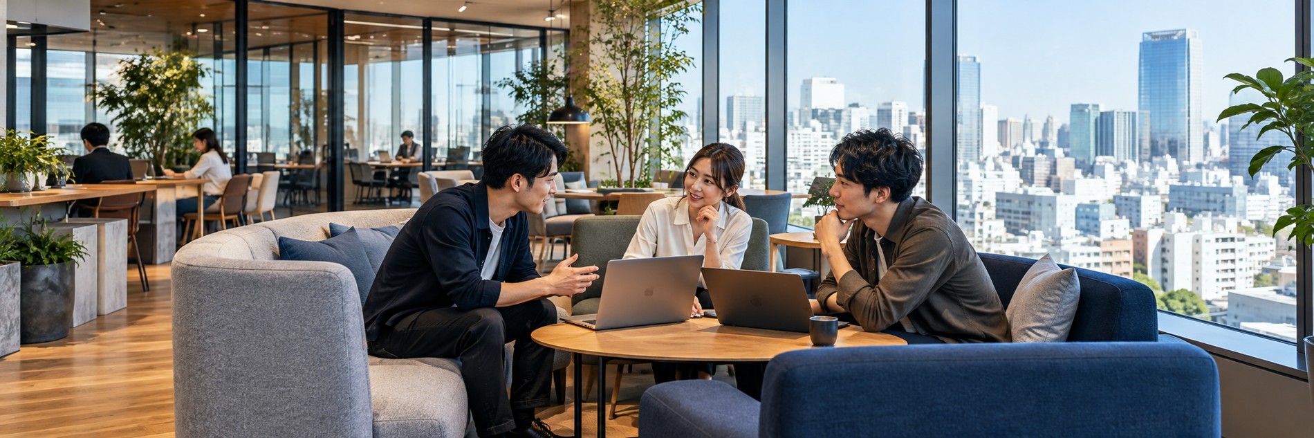 都心のオフィスの窓際で、ソファに座ったチームが仕事について話し合うイメージです。