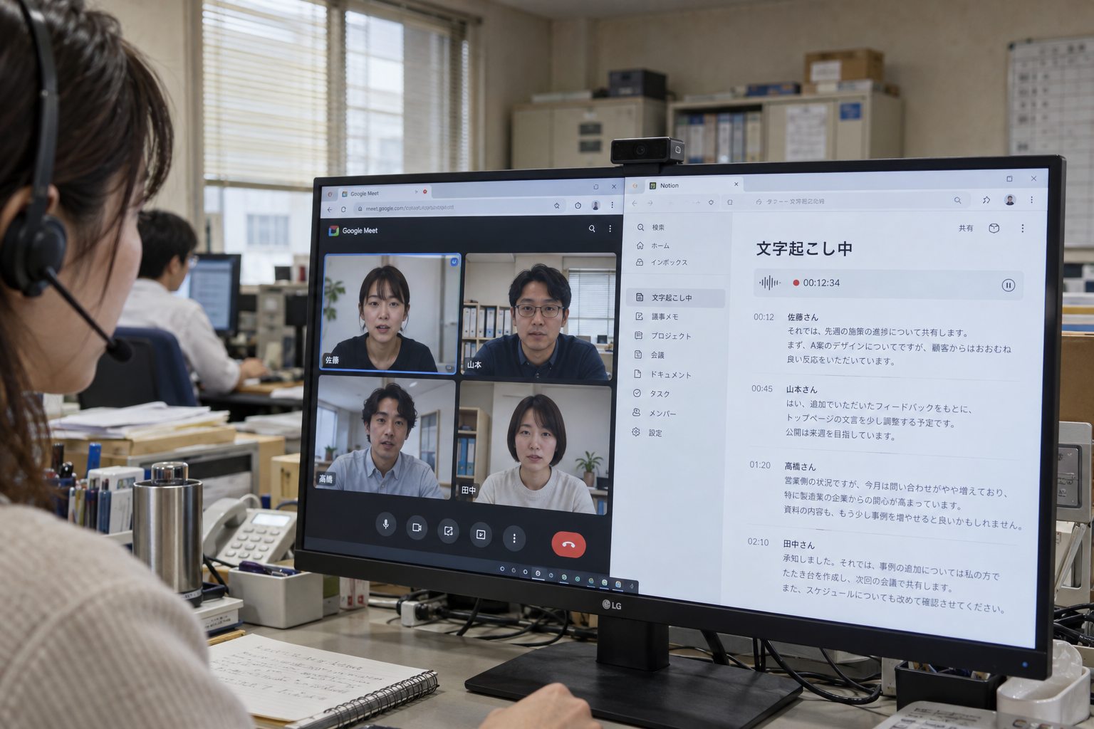 実際の仕事を題材に、オンライン会議と文字起こしを使うイメージです。
