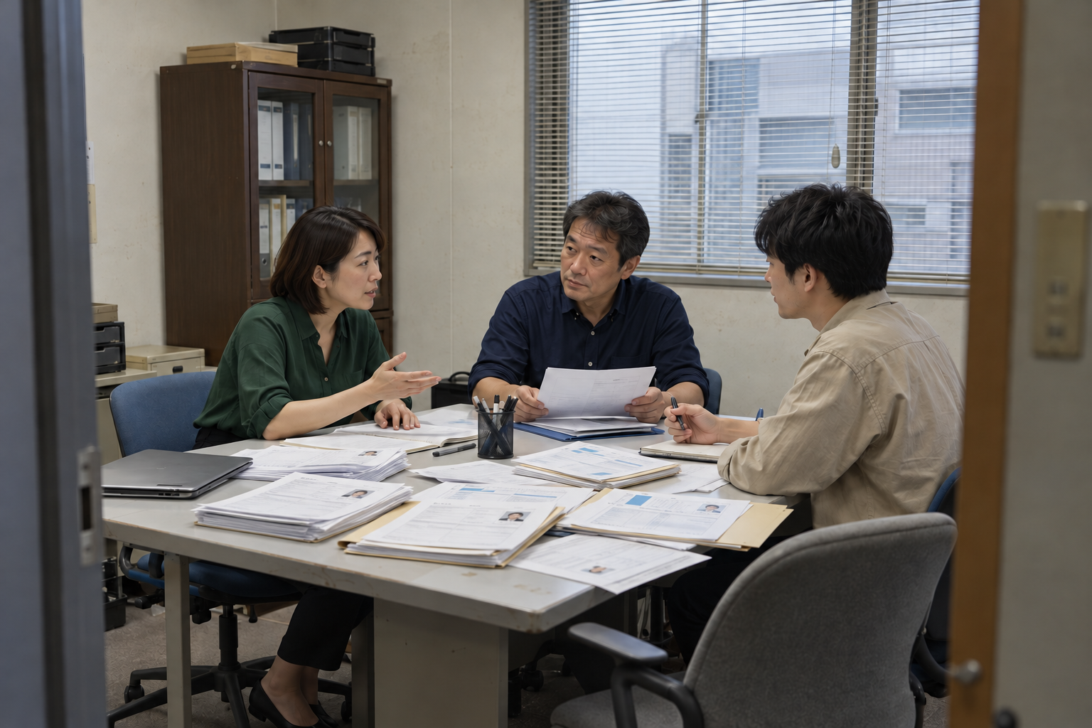 会議室で3人が机上の書類を囲んで会話する、架空のAI生成イメージです。